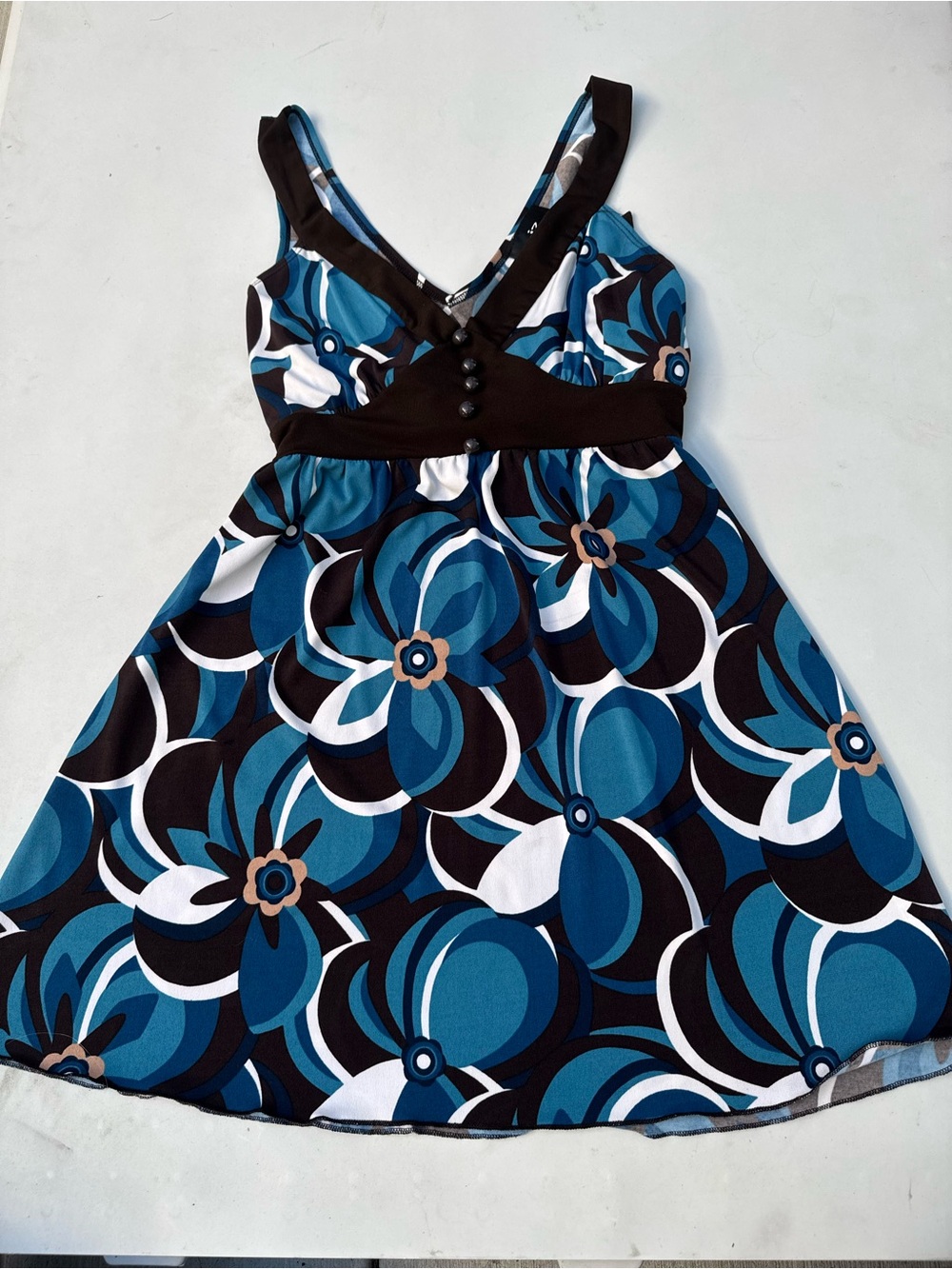 Y2K IZ Byer California Blue Brown Floral Knit Stretch V-Neck A-Line Dress S